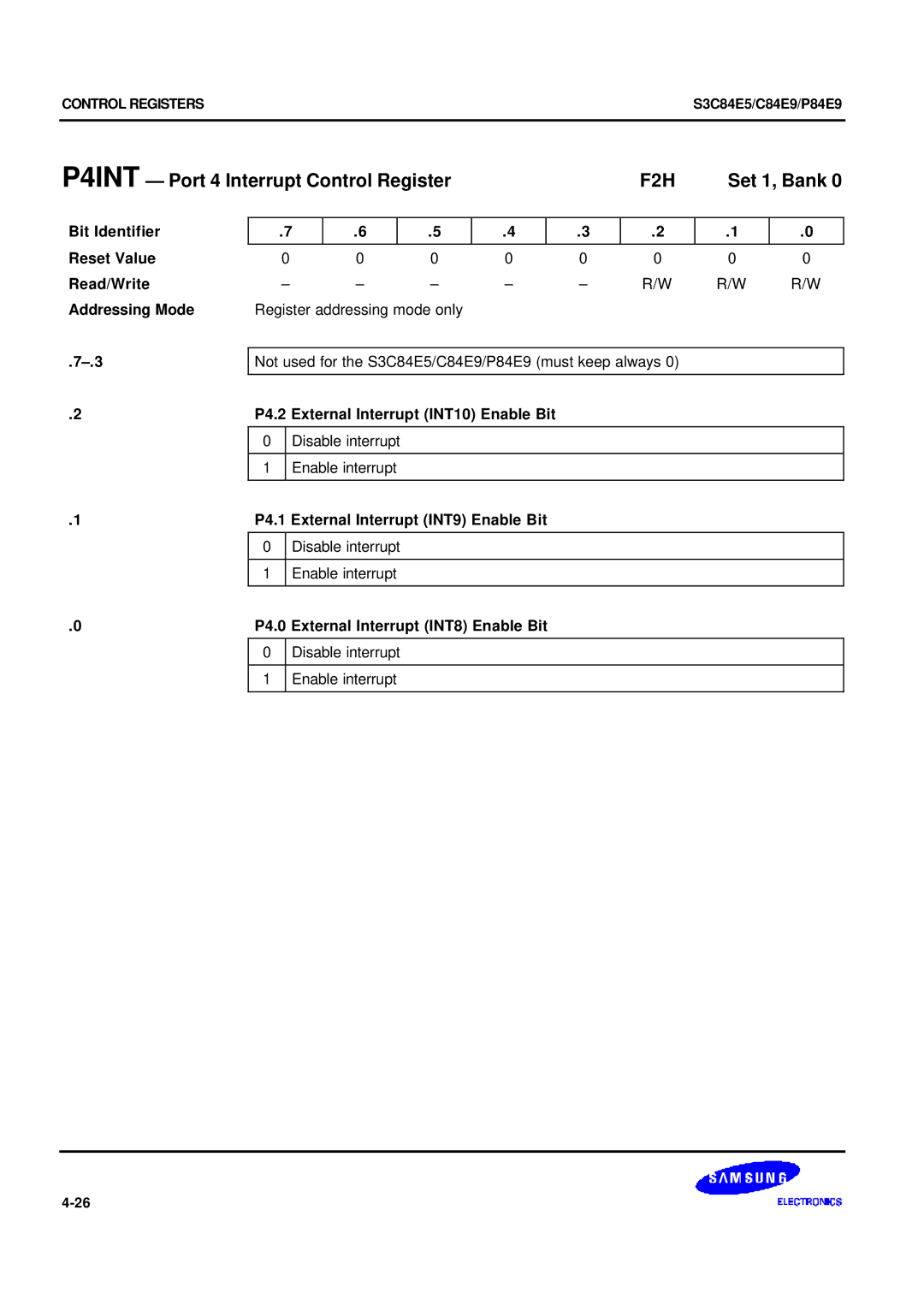 Samsung S3C84E5 user manual P4INT Port 4 Interrupt Control Register, F2H, P4.2 External Interrupt INT10 Enable Bit 