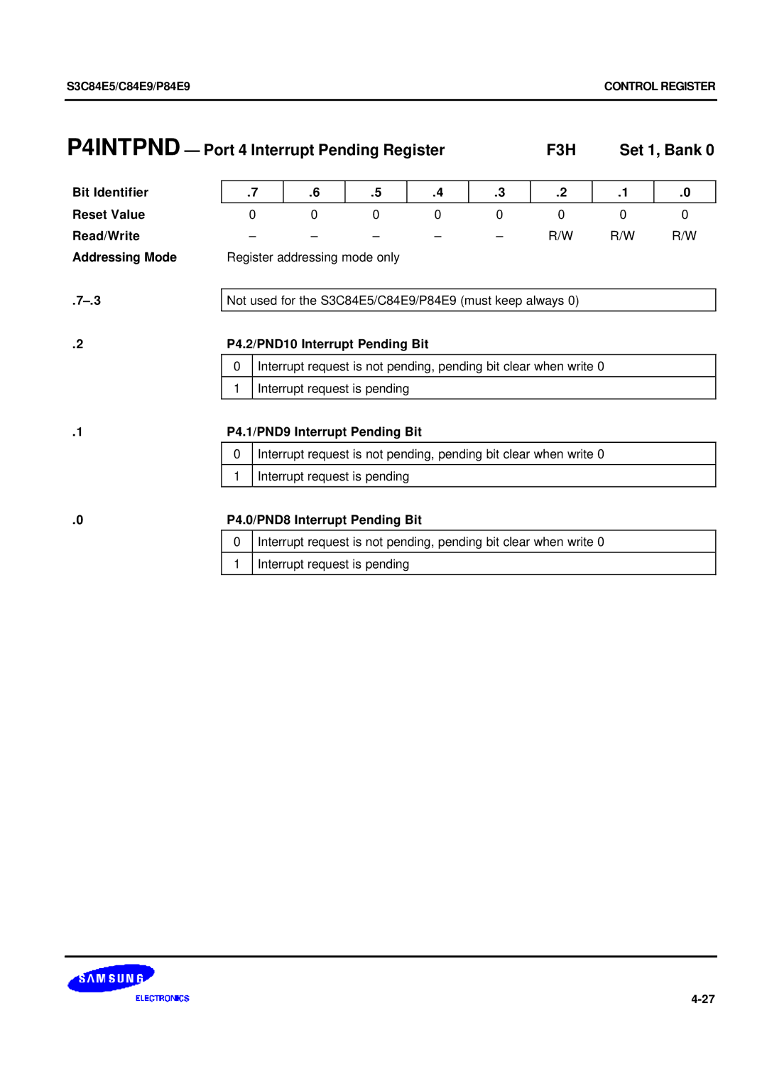 Samsung S3C84E5 user manual P4INTPND Port 4 Interrupt Pending Register, F3H, P4.2/PND10 Interrupt Pending Bit 