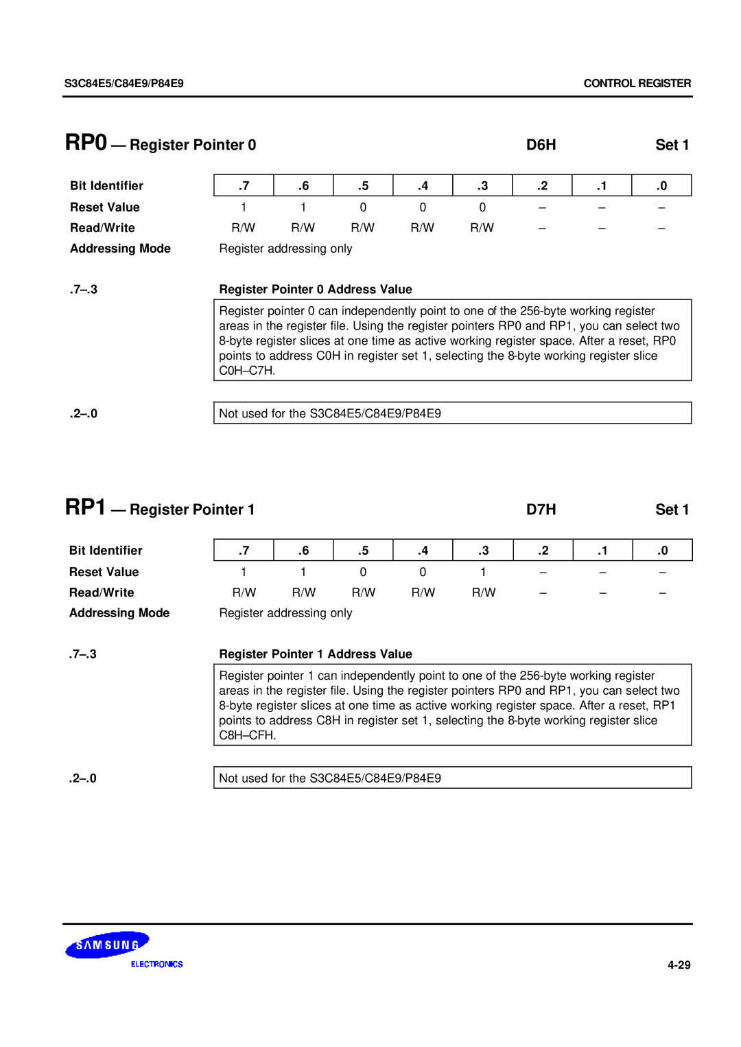 Samsung S3C84E5 user manual RP0 Register Pointer, D6H, RP1 Register Pointer, D7H, Register Pointer 1 Address Value 