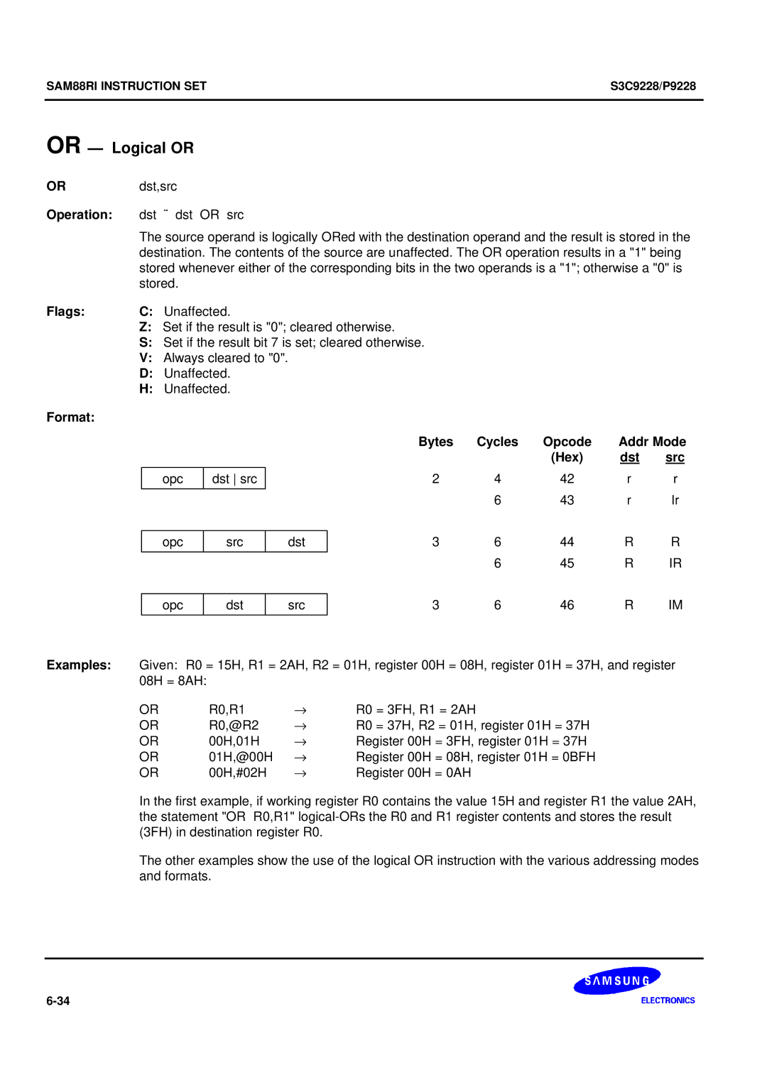 Samsung S3C9228/P9228, 8-Bit CMOS Microcontroller user manual Or Logical or 