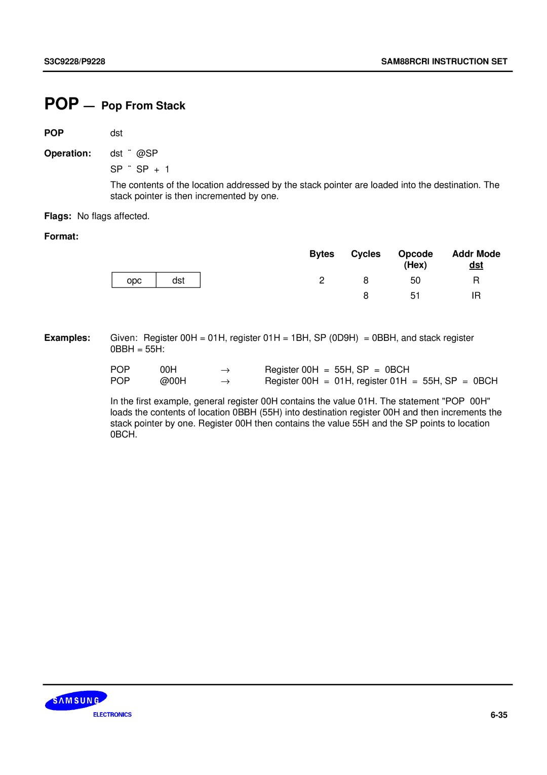 Samsung 8-Bit CMOS Microcontroller, S3C9228/P9228 user manual POP Pop From Stack, POPdst Operation dst ¨ @SP 