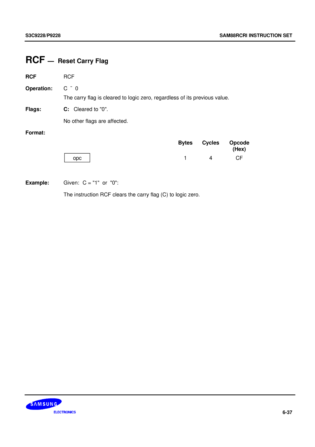 Samsung 8-Bit CMOS Microcontroller, S3C9228/P9228 user manual RCF Reset Carry Flag, Rcf 