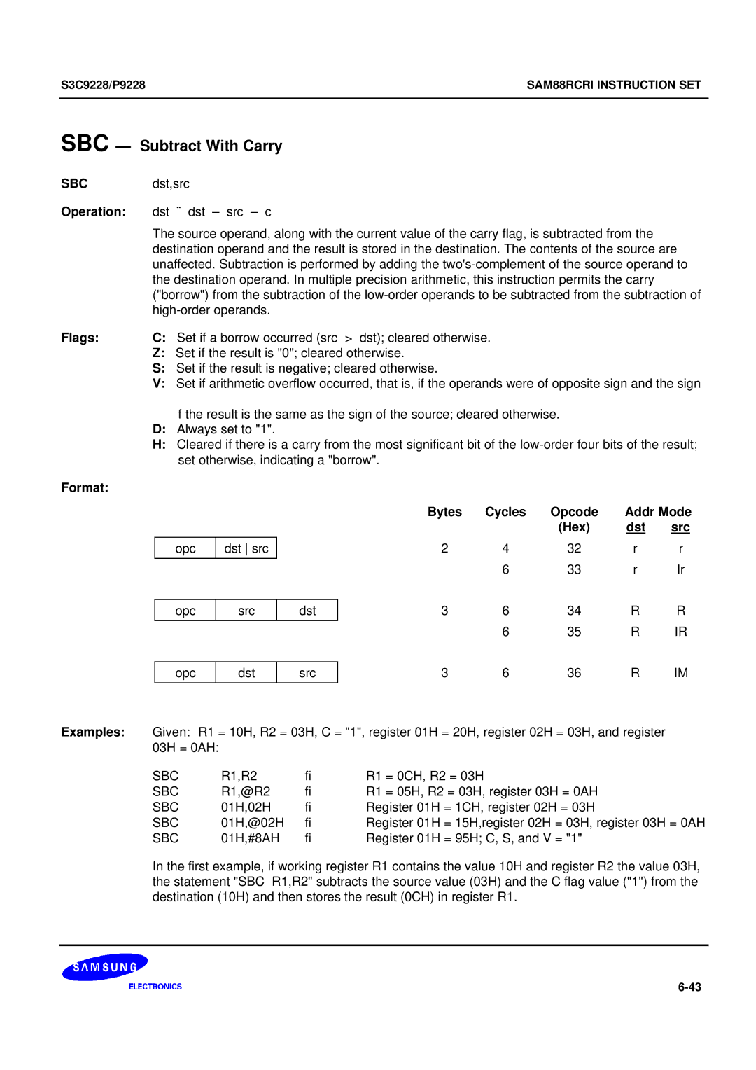 Samsung 8-Bit CMOS Microcontroller, S3C9228/P9228 user manual SBC Subtract With Carry, Sbc 