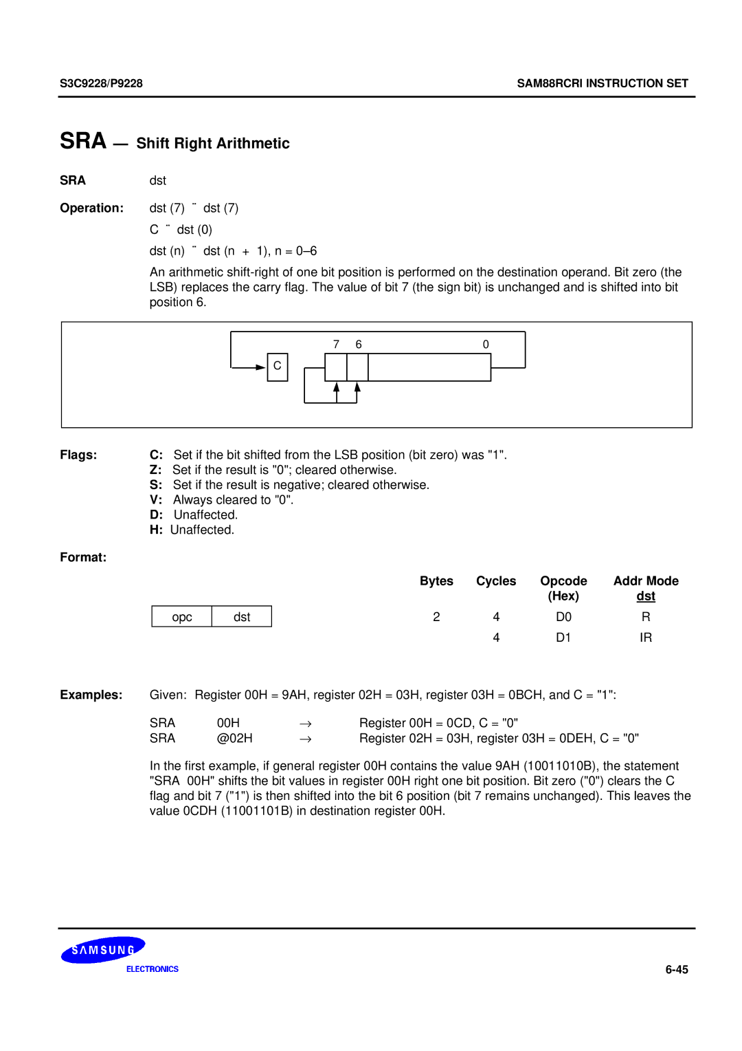 Samsung 8-Bit CMOS Microcontroller, S3C9228/P9228 user manual SRA Shift Right Arithmetic, Sra 