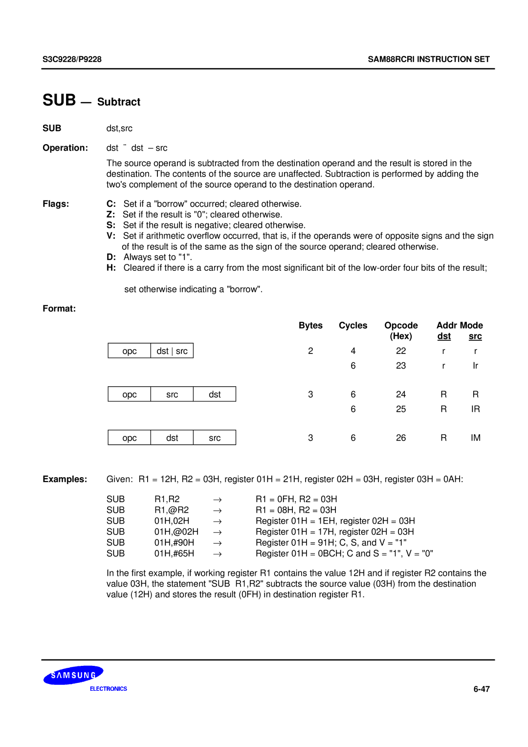 Samsung 8-Bit CMOS Microcontroller, S3C9228/P9228 user manual SUB Subtract 