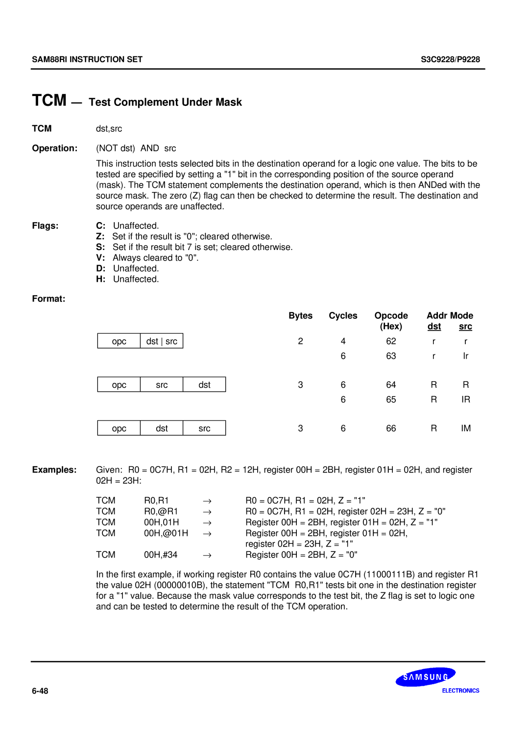 Samsung S3C9228/P9228, 8-Bit CMOS Microcontroller user manual TCM Test Complement Under Mask 