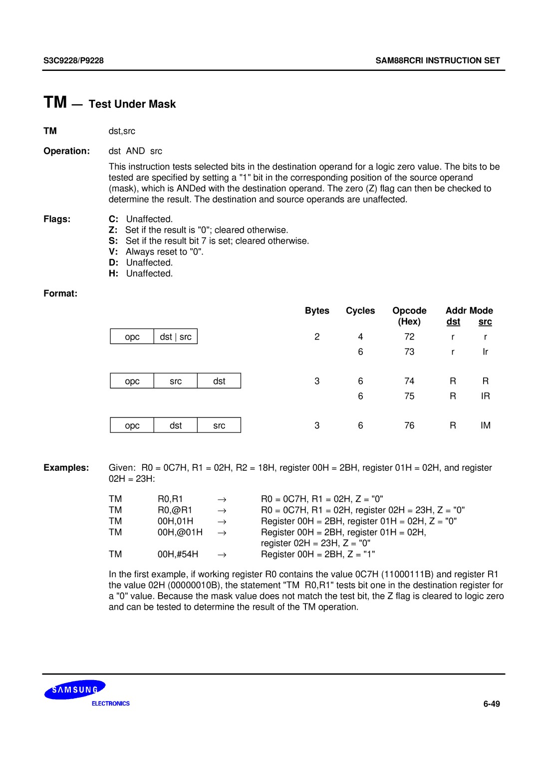 Samsung 8-Bit CMOS Microcontroller, S3C9228/P9228 user manual TM Test Under Mask, Operation dst and src 