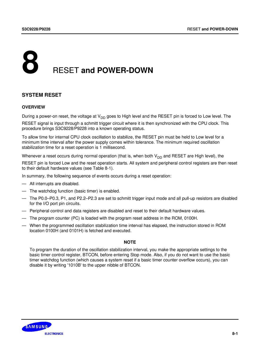 Samsung 8-Bit CMOS Microcontroller, S3C9228/P9228 user manual Reset and POWER-DOWN, Overview 