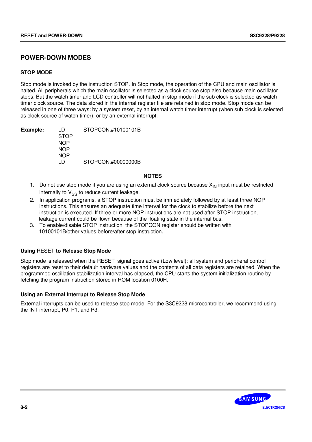 Samsung S3C9228/P9228 user manual Using Reset to Release Stop Mode, Using an External Interrupt to Release Stop Mode 