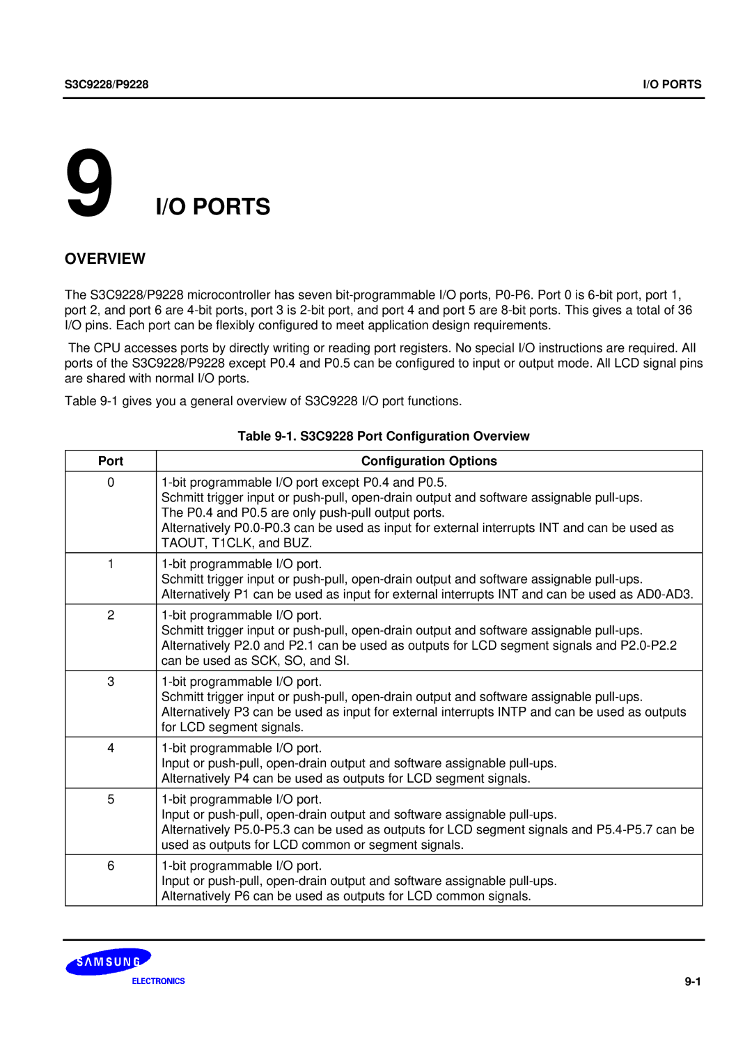 Samsung 8-Bit CMOS Microcontroller, S3C9228/P9228 O Ports, S3C9228 Port Configuration Overview Configuration Options 