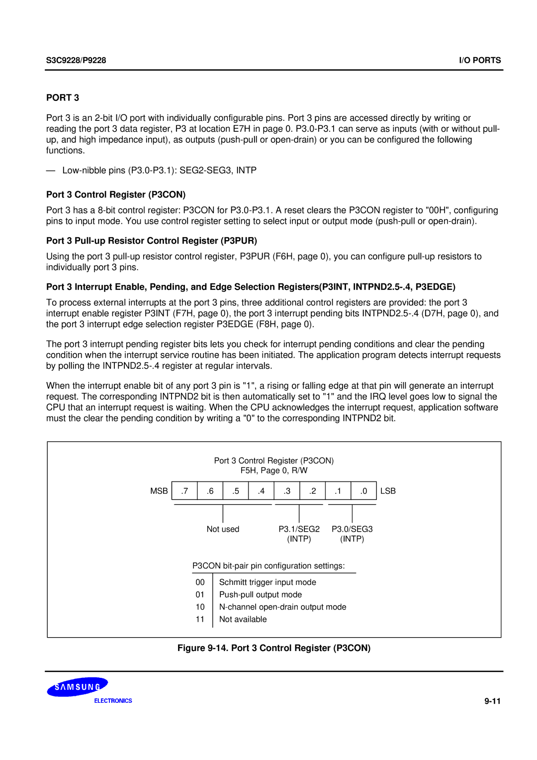 Samsung 8-Bit CMOS Microcontroller Port 3 Control Register P3CON, Port 3 Pull-up Resistor Control Register P3PUR 