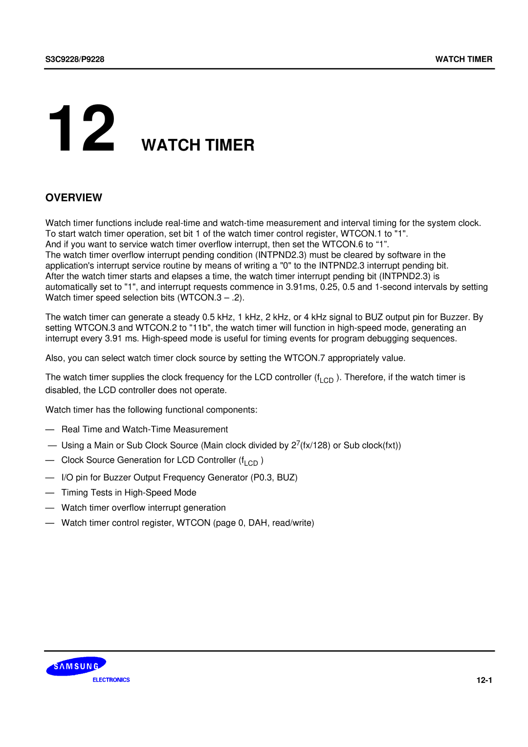 Samsung 8-Bit CMOS Microcontroller, S3C9228/P9228 user manual Watch Timer 