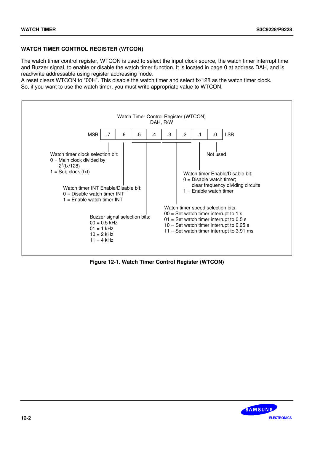 Samsung S3C9228/P9228, 8-Bit CMOS Microcontroller user manual Watch Timer Control Register Wtcon 