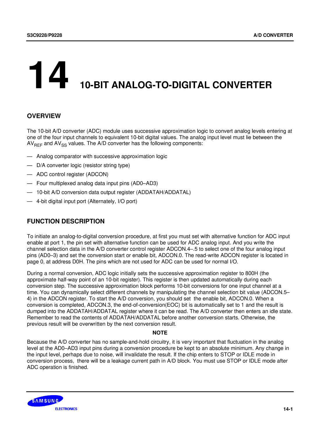 Samsung 8-Bit CMOS Microcontroller, S3C9228/P9228 user manual 14 10-BIT ANALOG-TO-DIGITAL Converter 