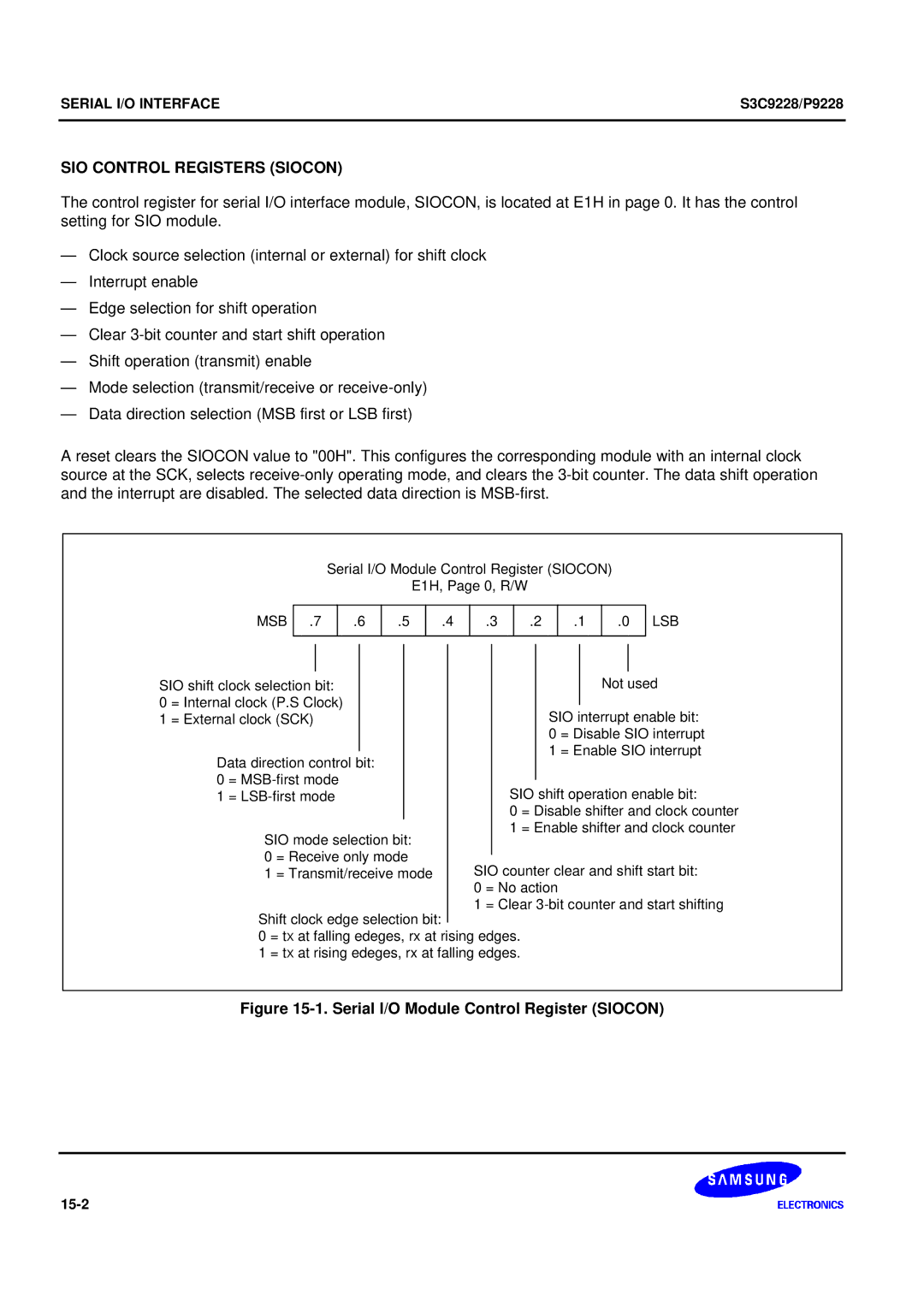 Samsung S3C9228/P9228, 8-Bit CMOS Microcontroller SIO Control Registers Siocon, Serial I/O Module Control Register Siocon 