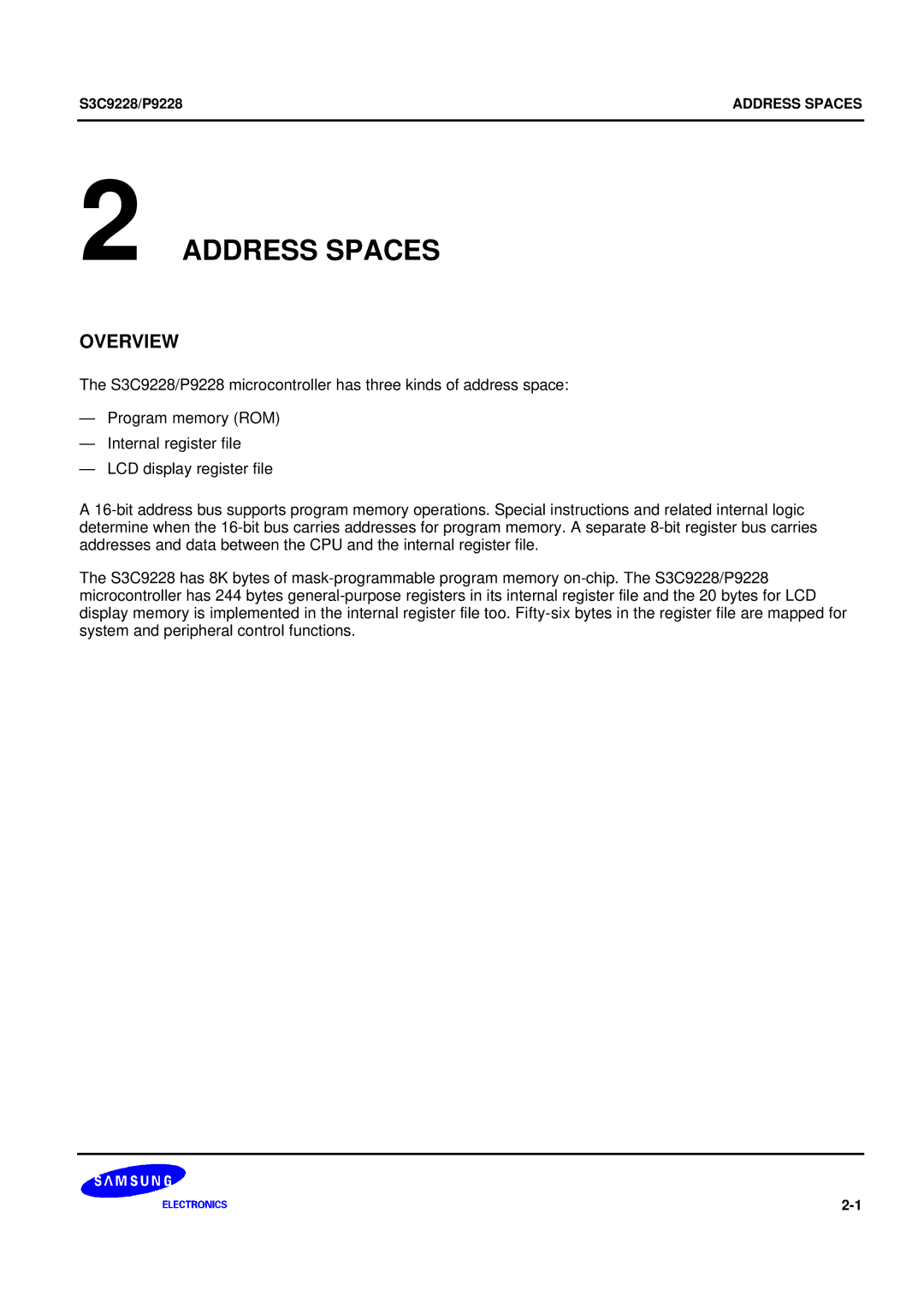 Samsung 8-Bit CMOS Microcontroller, S3C9228/P9228 user manual Address Spaces 