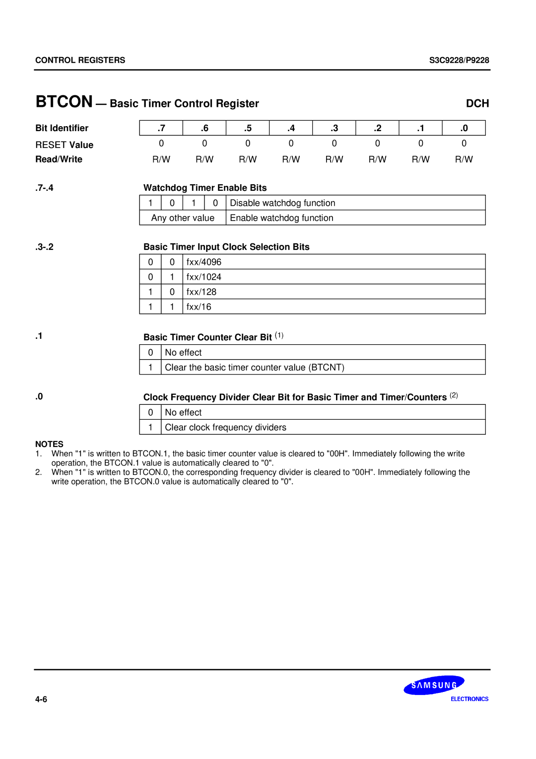 Samsung S3C9228/P9228, 8-Bit CMOS Microcontroller user manual Btcon Basic Timer Control Register 