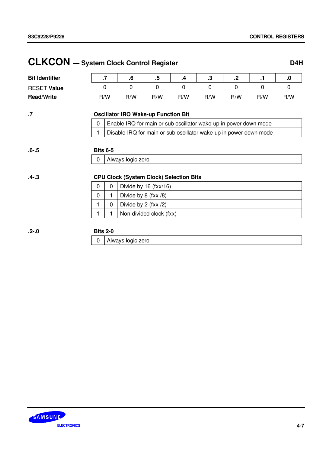 Samsung 8-Bit CMOS Microcontroller, S3C9228/P9228 user manual Clkcon System Clock Control Register 