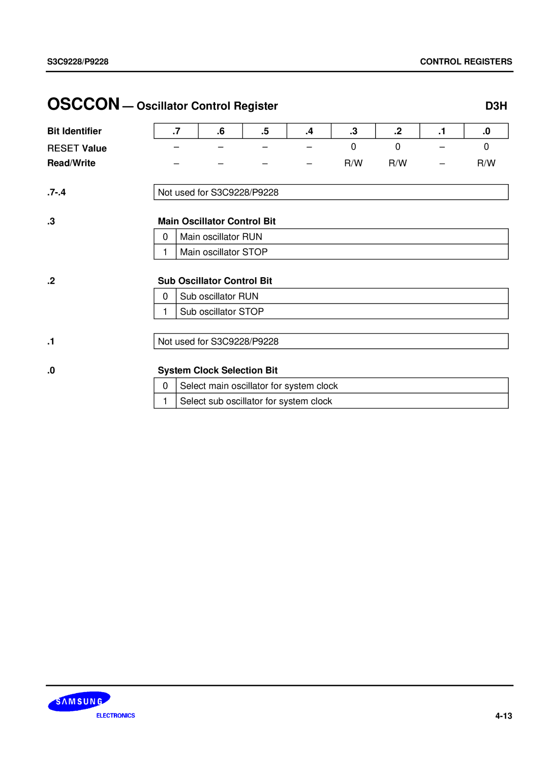 Samsung 8-Bit CMOS Microcontroller, S3C9228/P9228 user manual Osccon Oscillator Control Register 