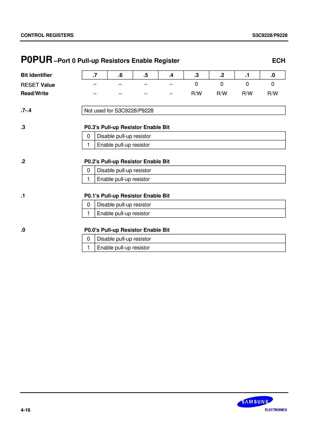 Samsung S3C9228/P9228, 8-Bit CMOS Microcontroller user manual P0PUR -Port 0 Pull-up Resistors Enable Register 