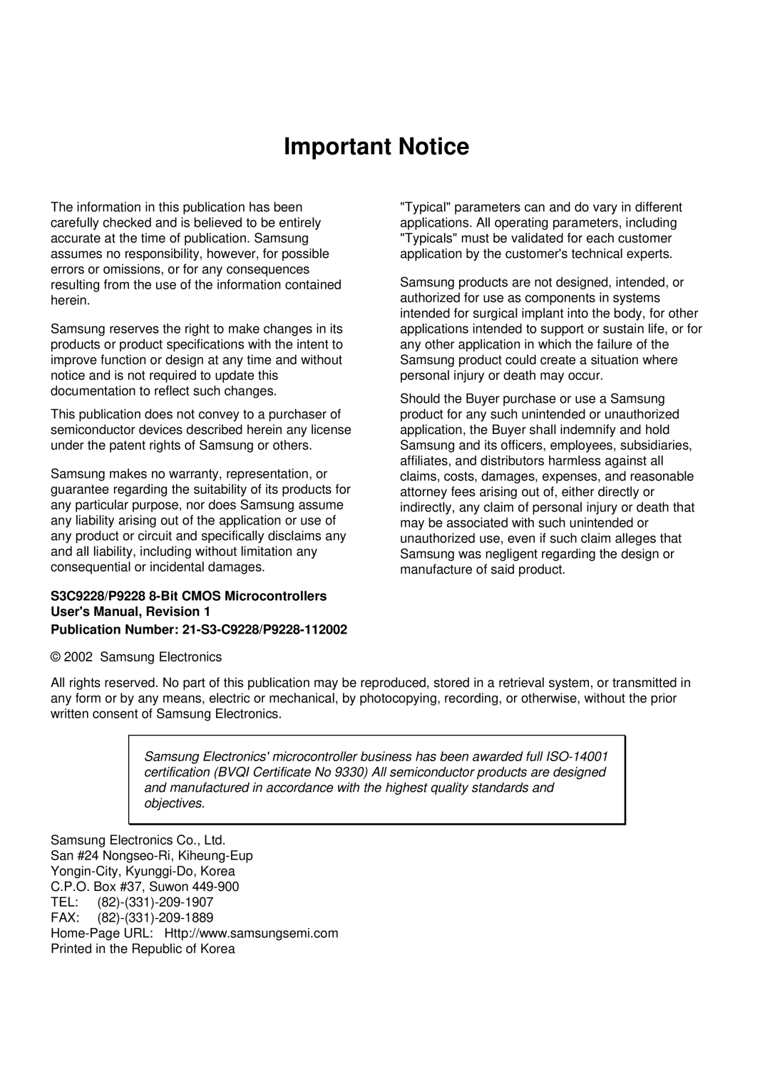 Samsung 8-Bit CMOS Microcontroller, S3C9228/P9228 user manual Important Notice 