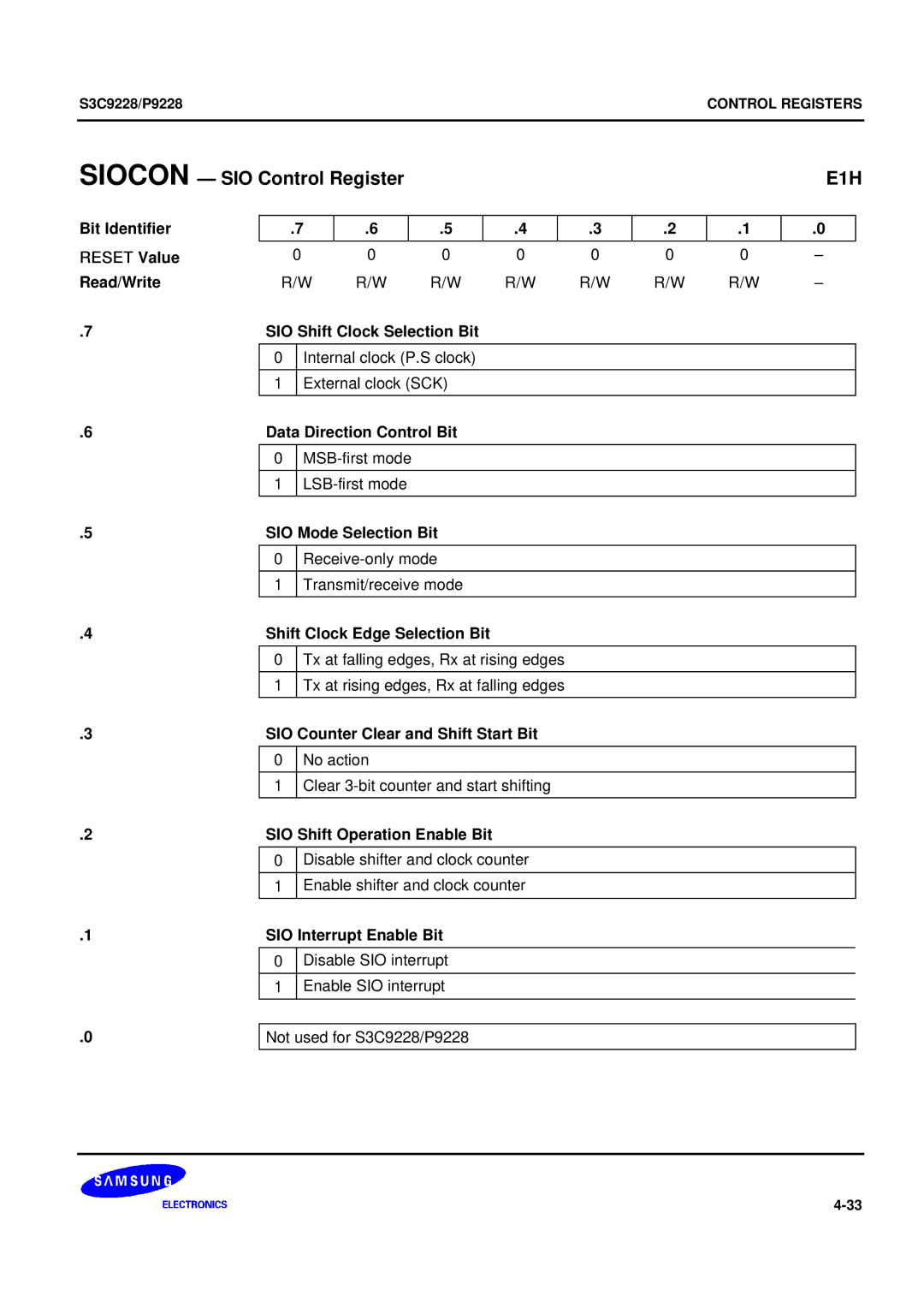 Samsung 8-Bit CMOS Microcontroller, S3C9228/P9228 user manual Siocon SIO Control Register 