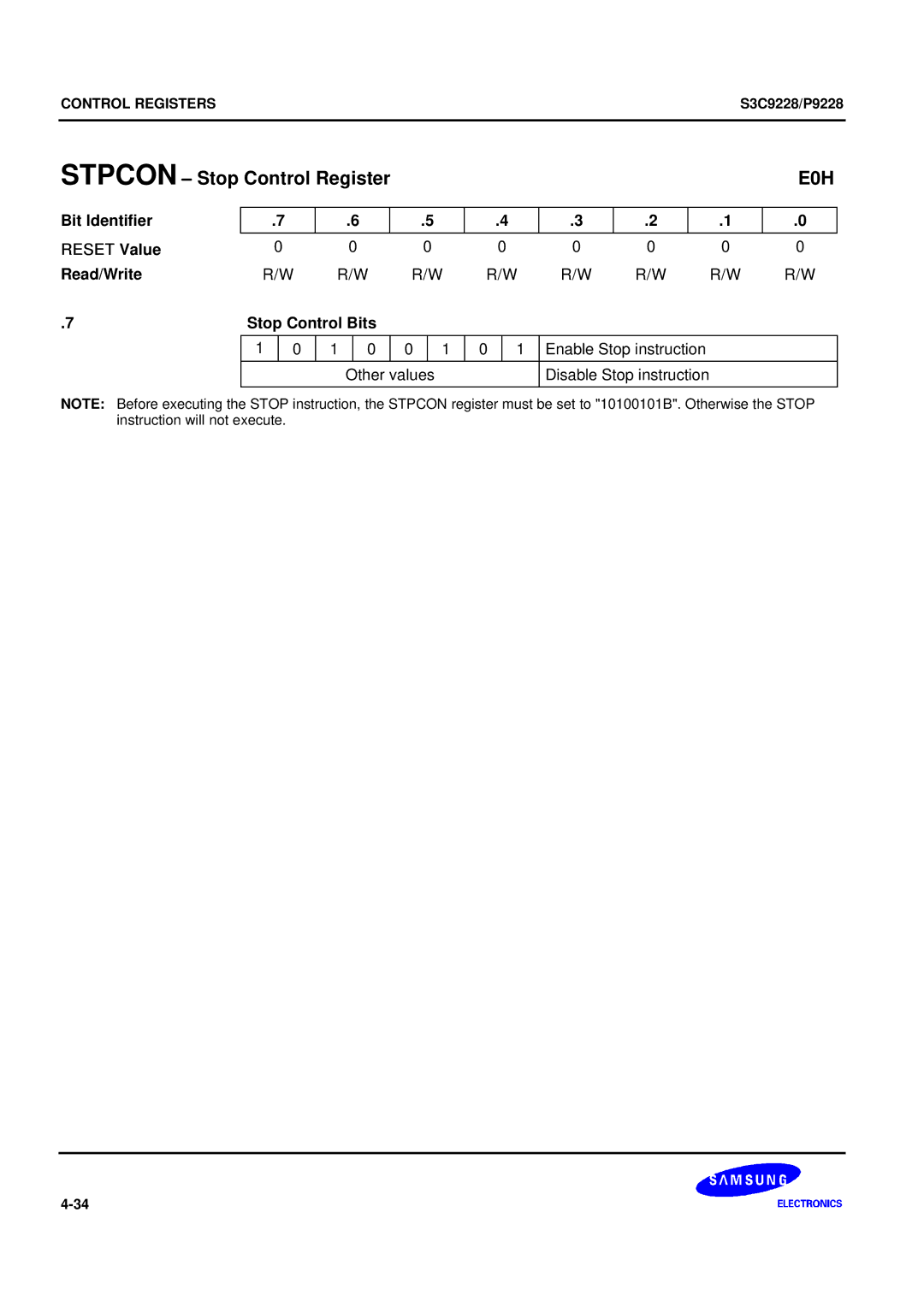 Samsung S3C9228/P9228, 8-Bit CMOS Microcontroller user manual Stpcon Stop Control Register 