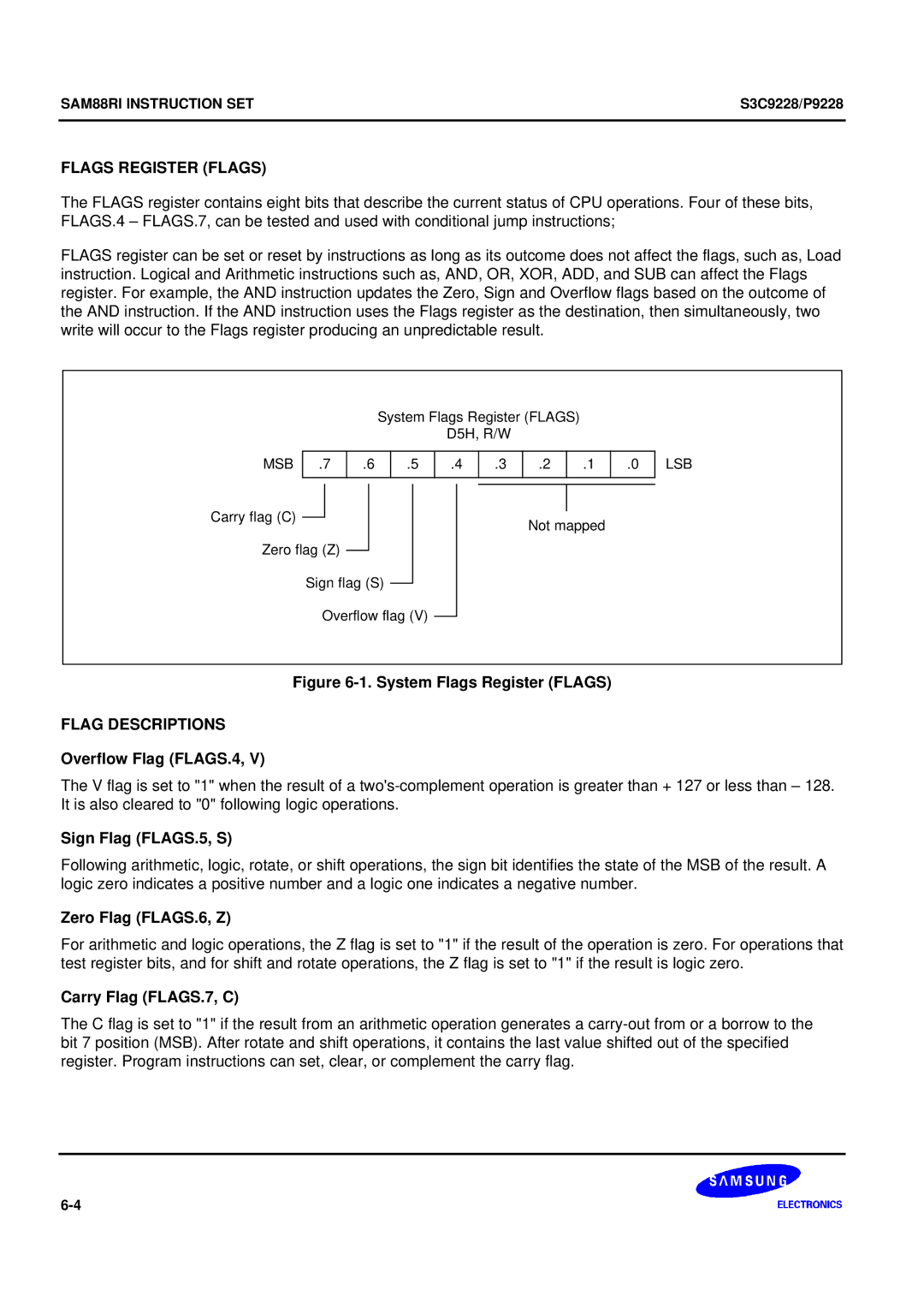 Samsung S3C9228/P9228, 8-Bit CMOS Microcontroller user manual Flags Register Flags 