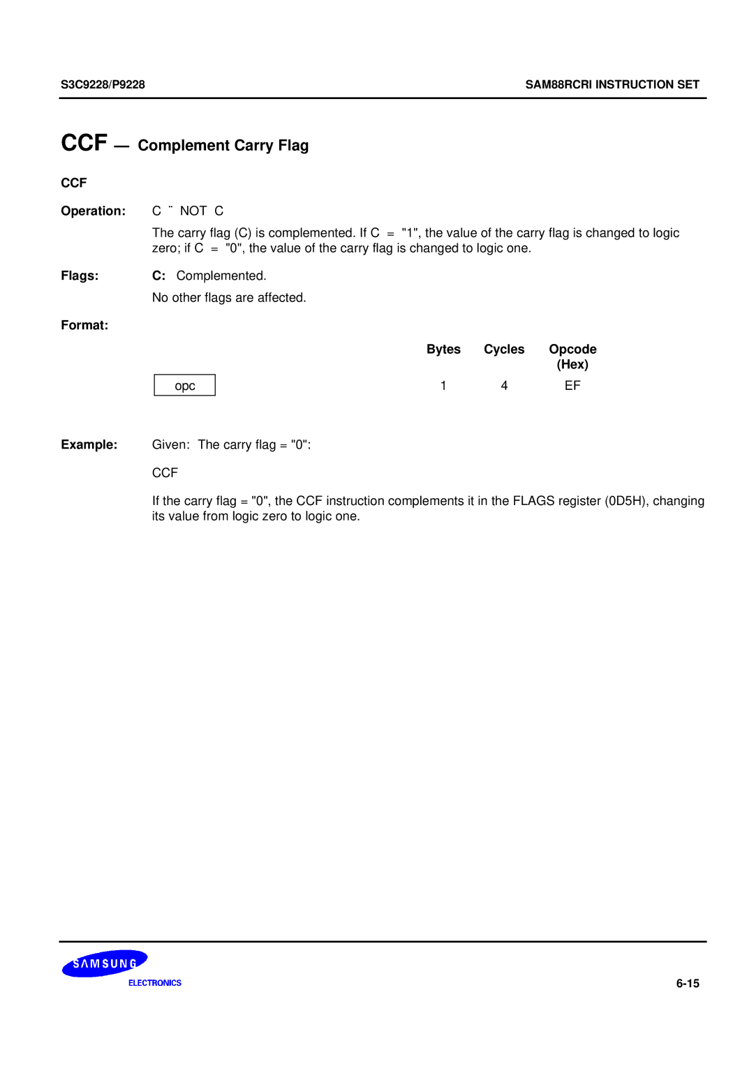 Samsung 8-Bit CMOS Microcontroller, S3C9228/P9228 user manual CCF Complement Carry Flag 