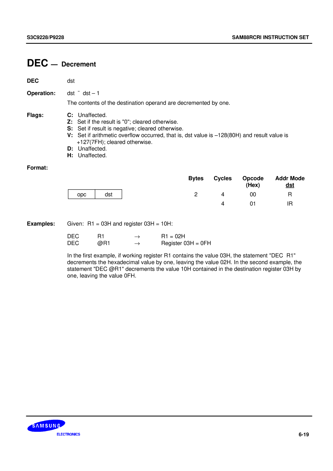 Samsung 8-Bit CMOS Microcontroller, S3C9228/P9228 user manual DEC Decrement 