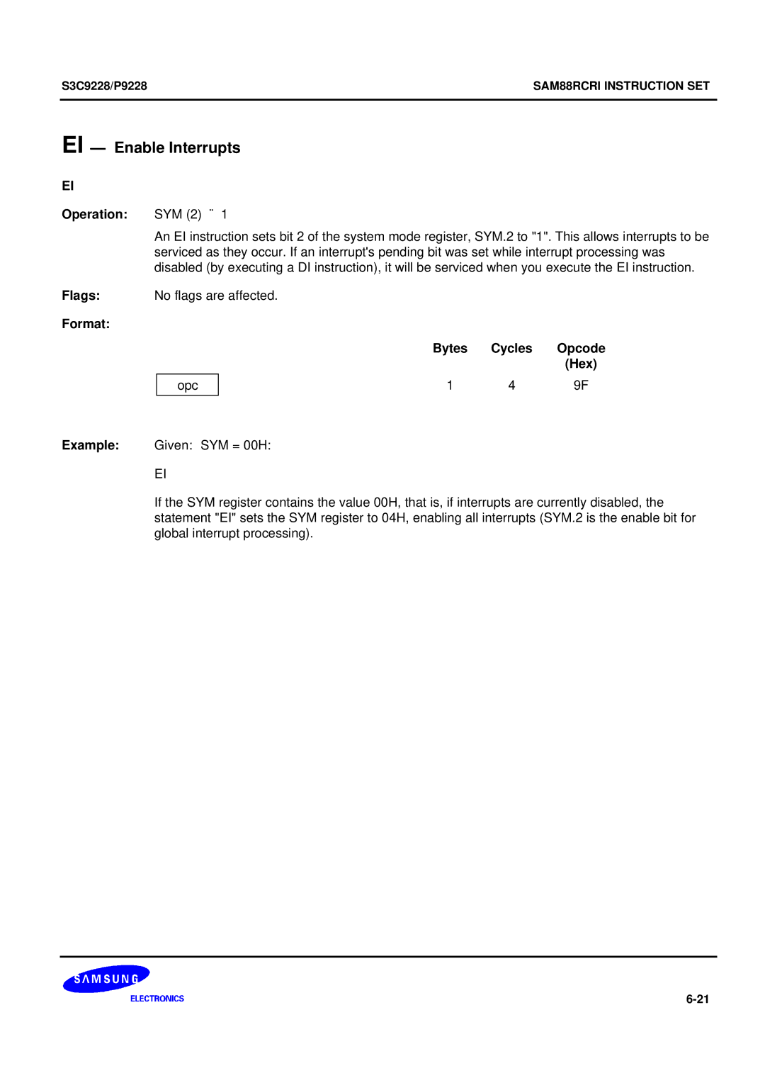 Samsung 8-Bit CMOS Microcontroller, S3C9228/P9228 user manual EI Enable Interrupts 