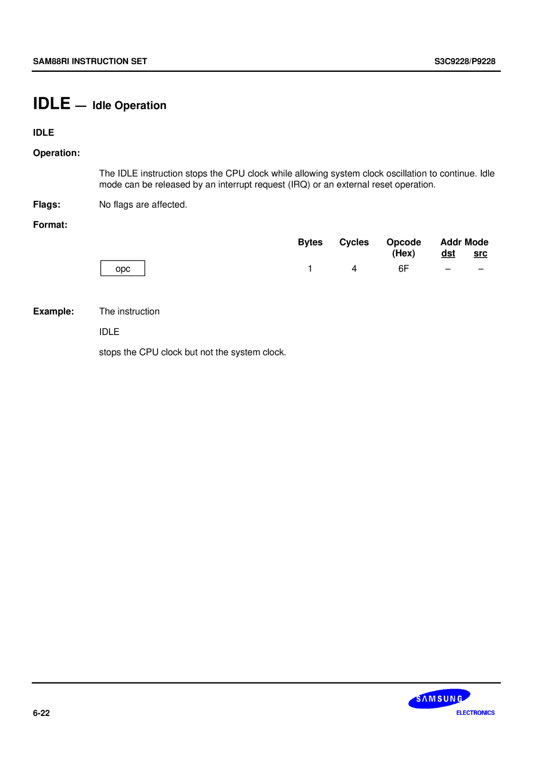 Samsung S3C9228/P9228, 8-Bit CMOS Microcontroller user manual Idle Idle Operation 