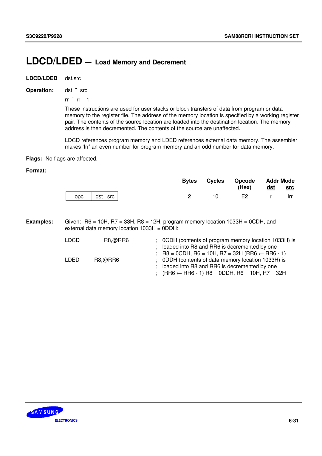 Samsung 8-Bit CMOS Microcontroller, S3C9228/P9228 user manual LDCD/LDED Load Memory and Decrement 