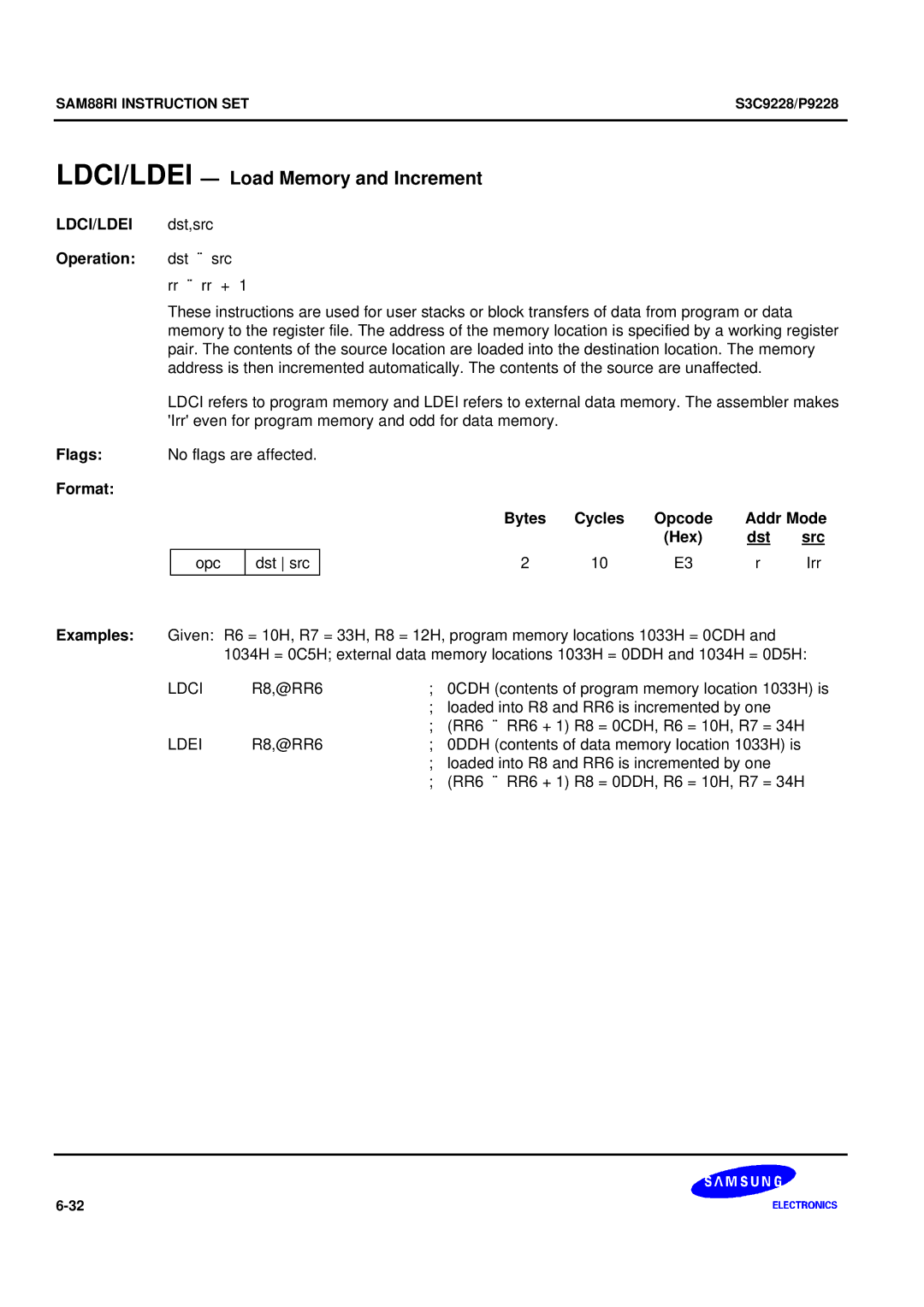 Samsung S3C9228/P9228, 8-Bit CMOS Microcontroller user manual LDCI/LDEI Load Memory and Increment 