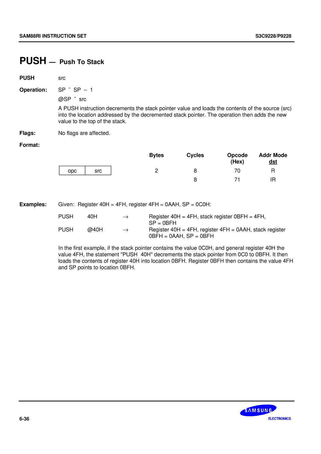 Samsung S3C9228/P9228, 8-Bit CMOS Microcontroller user manual Push Push To Stack 