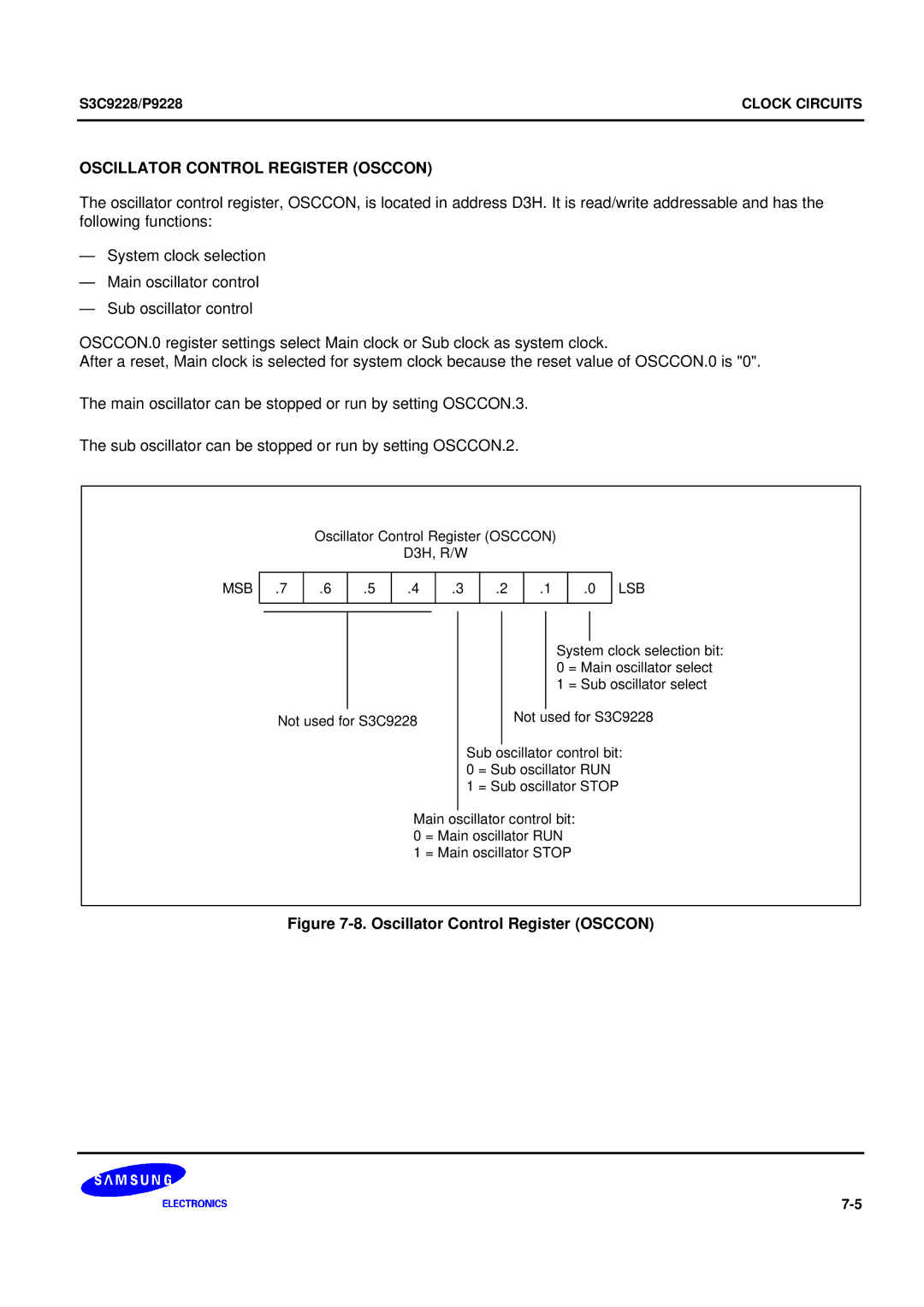 Samsung 8-Bit CMOS Microcontroller, S3C9228/P9228 user manual Oscillator Control Register Osccon 