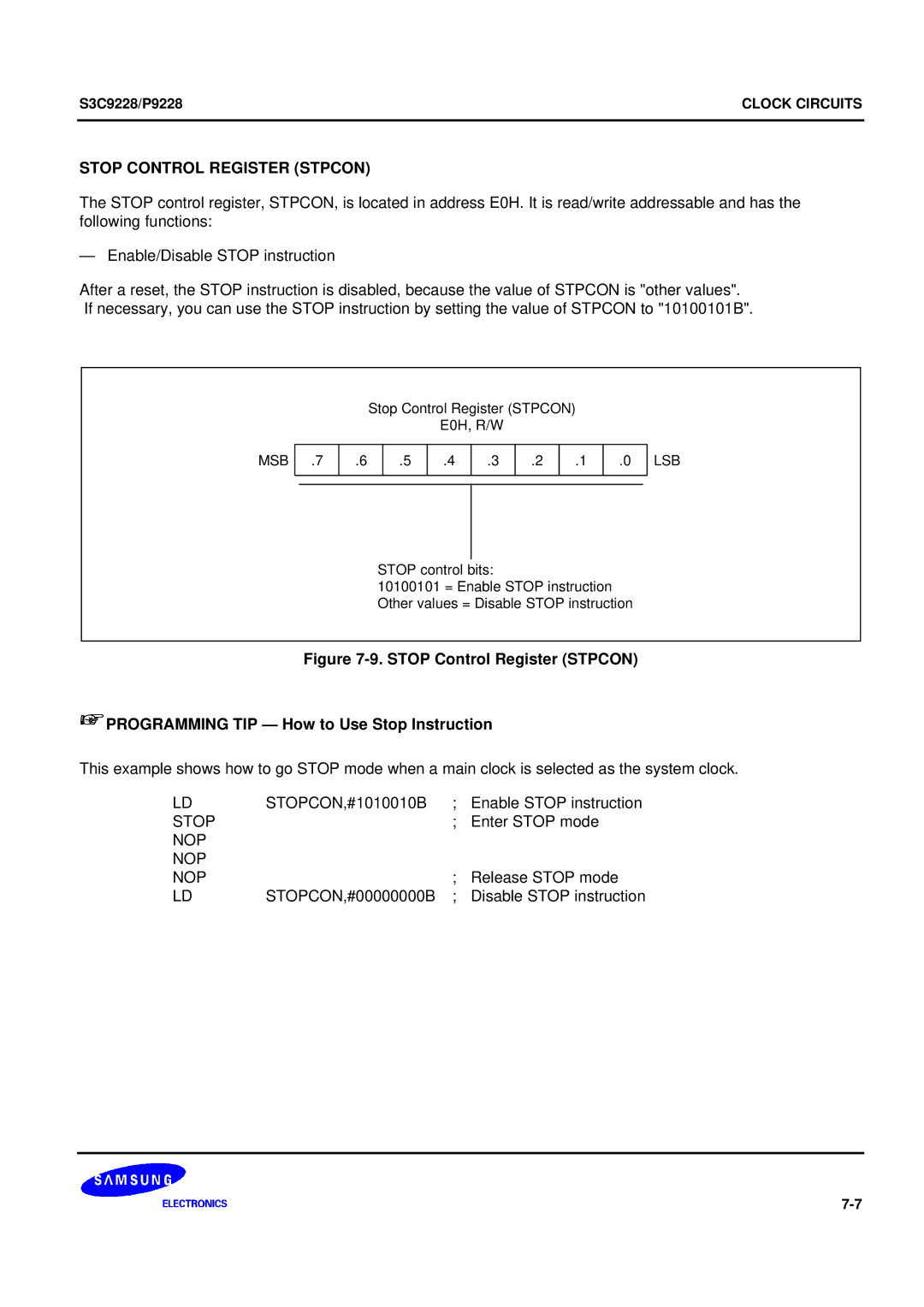 Samsung 8-Bit CMOS Microcontroller, S3C9228/P9228 user manual Stop Control Register Stpcon 