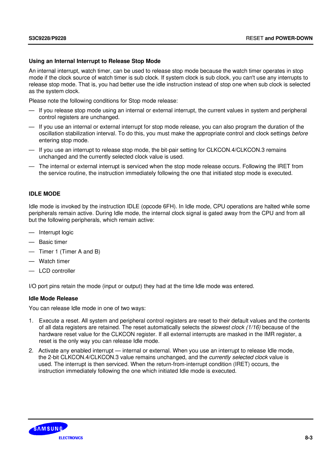 Samsung 8-Bit CMOS Microcontroller, S3C9228/P9228 user manual Idle Mode 