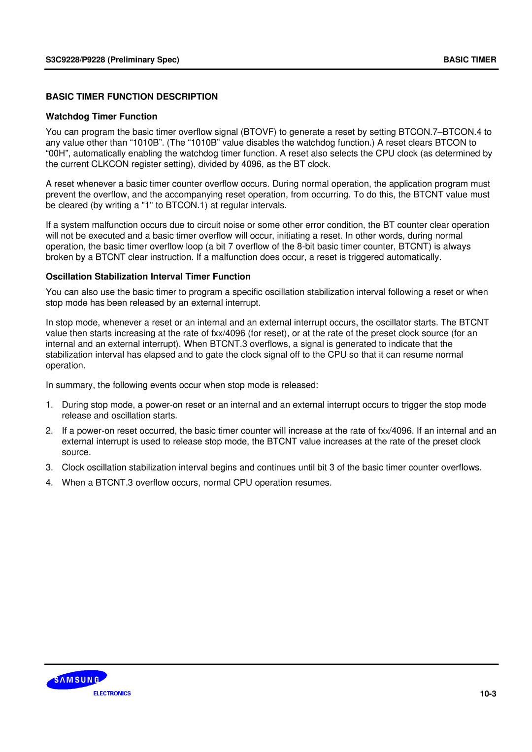 Samsung 8-Bit CMOS Microcontroller, S3C9228/P9228 user manual Basic Timer Function Description 