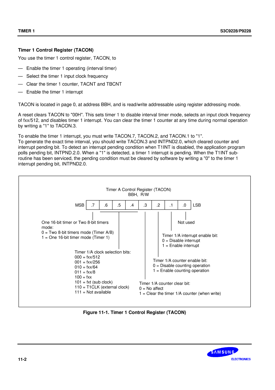 Samsung S3C9228/P9228, 8-Bit CMOS Microcontroller user manual Timer 1 Control Register Tacon 