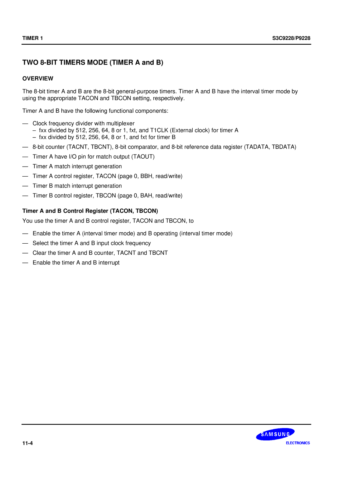 Samsung S3C9228/P9228, 8-Bit CMOS Microcontroller user manual TWO 8-BIT Timers Mode Timer a and B 