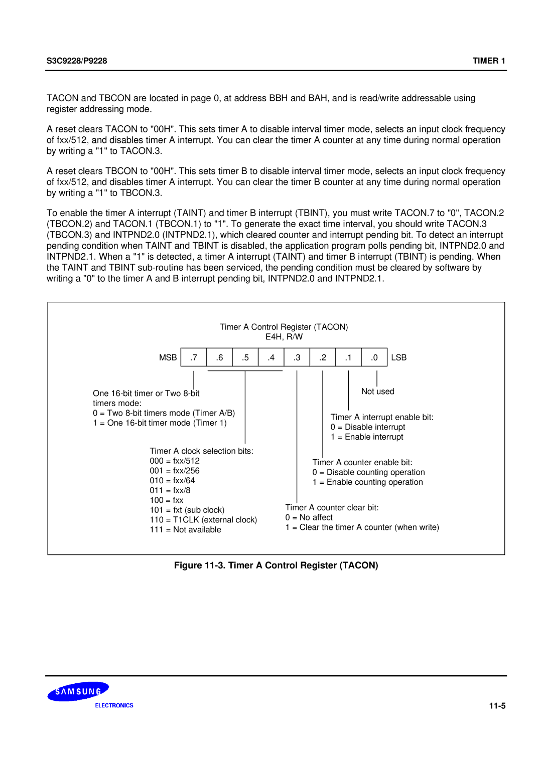 Samsung 8-Bit CMOS Microcontroller, S3C9228/P9228 user manual Timer a Control Register Tacon 