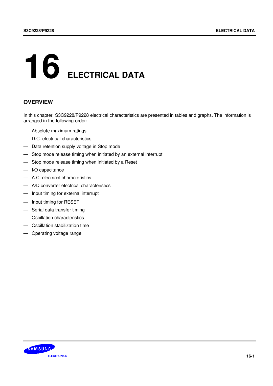 Samsung 8-Bit CMOS Microcontroller, S3C9228/P9228 user manual Electrical Data 