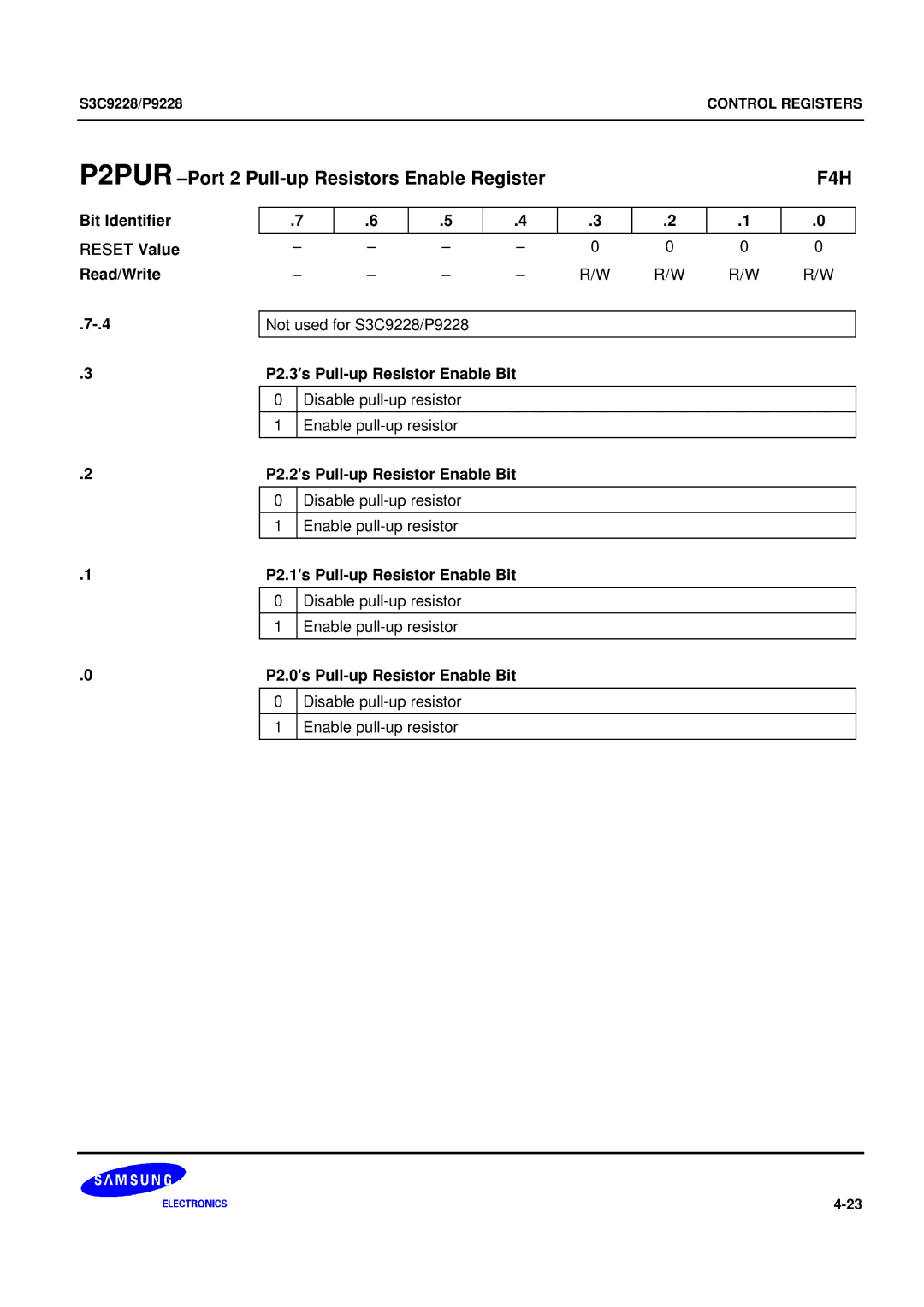 Samsung 8-Bit CMOS Microcontroller, S3C9228/P9228 user manual P2PUR -Port 2 Pull-up Resistors Enable Register, F4H 