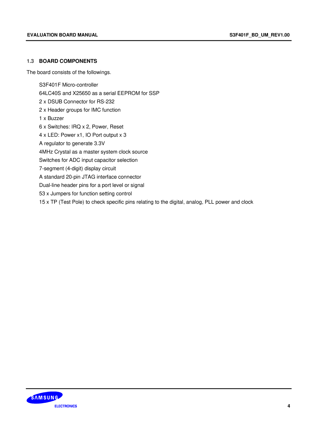 Samsung S3F401F manual Board Components 