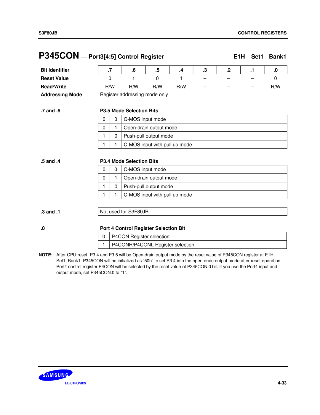 Samsung S3F80JB manual P345CON Port345 Control Register E1H Set1 Bank1, P3.5 Mode Selection Bits, P3.4 Mode Selection Bits 