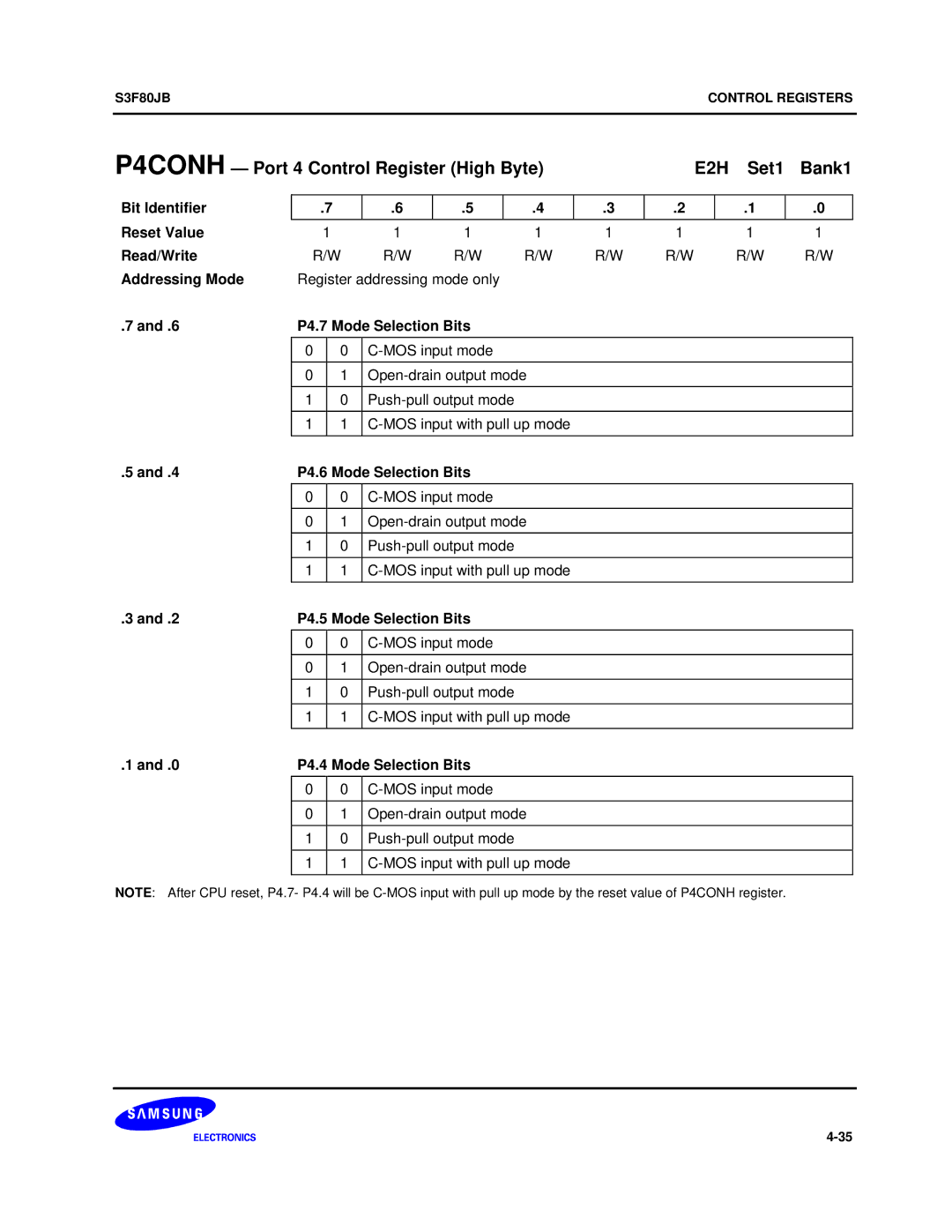 Samsung S3F80JB manual P4CONH Port 4 Control Register High Byte E2H Set1 Bank1, P4.7 Mode Selection Bits 