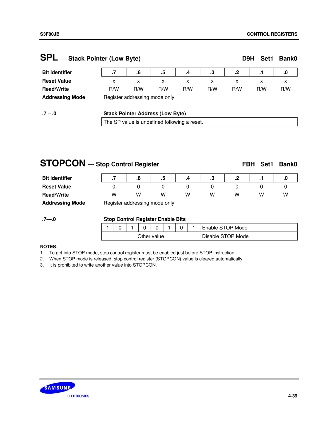 Samsung S3F80JB manual SPL Stack Pointer Low Byte D9H Set1 Bank0, Stopcon Stop Control Register FBH Set1 Bank0 