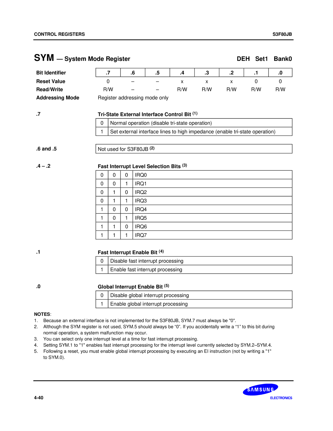 Samsung S3F80JB manual SYM System Mode Register DEH Set1 Bank0, Tri-State External Interface Control Bit 