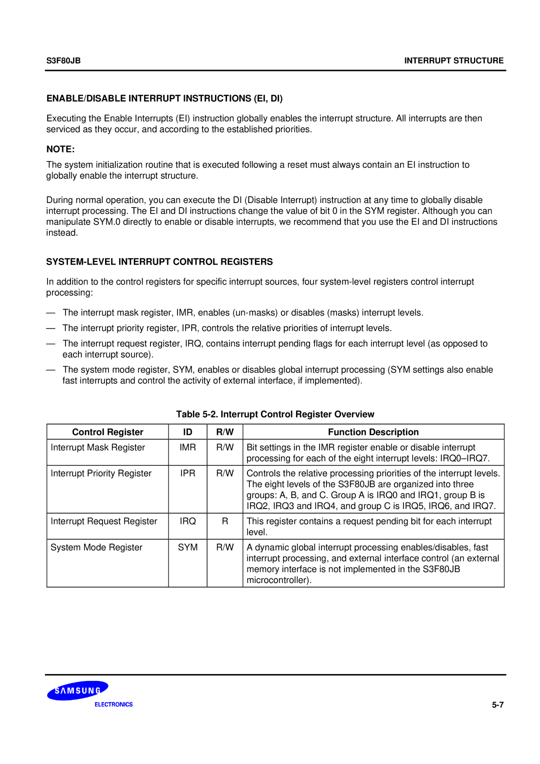 Samsung S3F80JB manual ENABLE/DISABLE Interrupt Instructions EI, DI, SYSTEM-LEVEL Interrupt Control Registers 